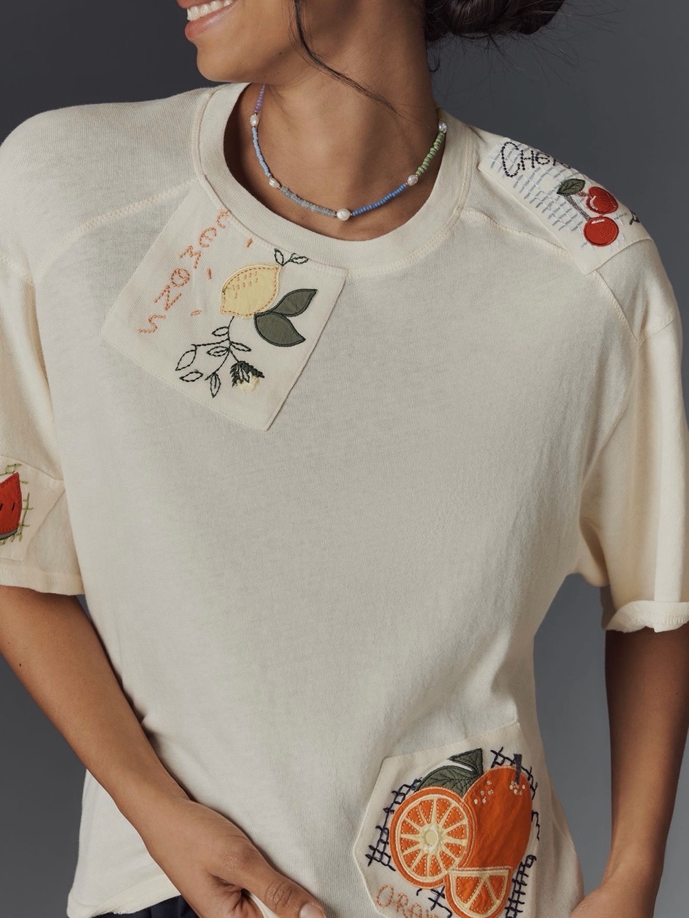 Anthropologie Maeve Fruit Patch Cream Short Sleeve Top - Picture 3 of 7